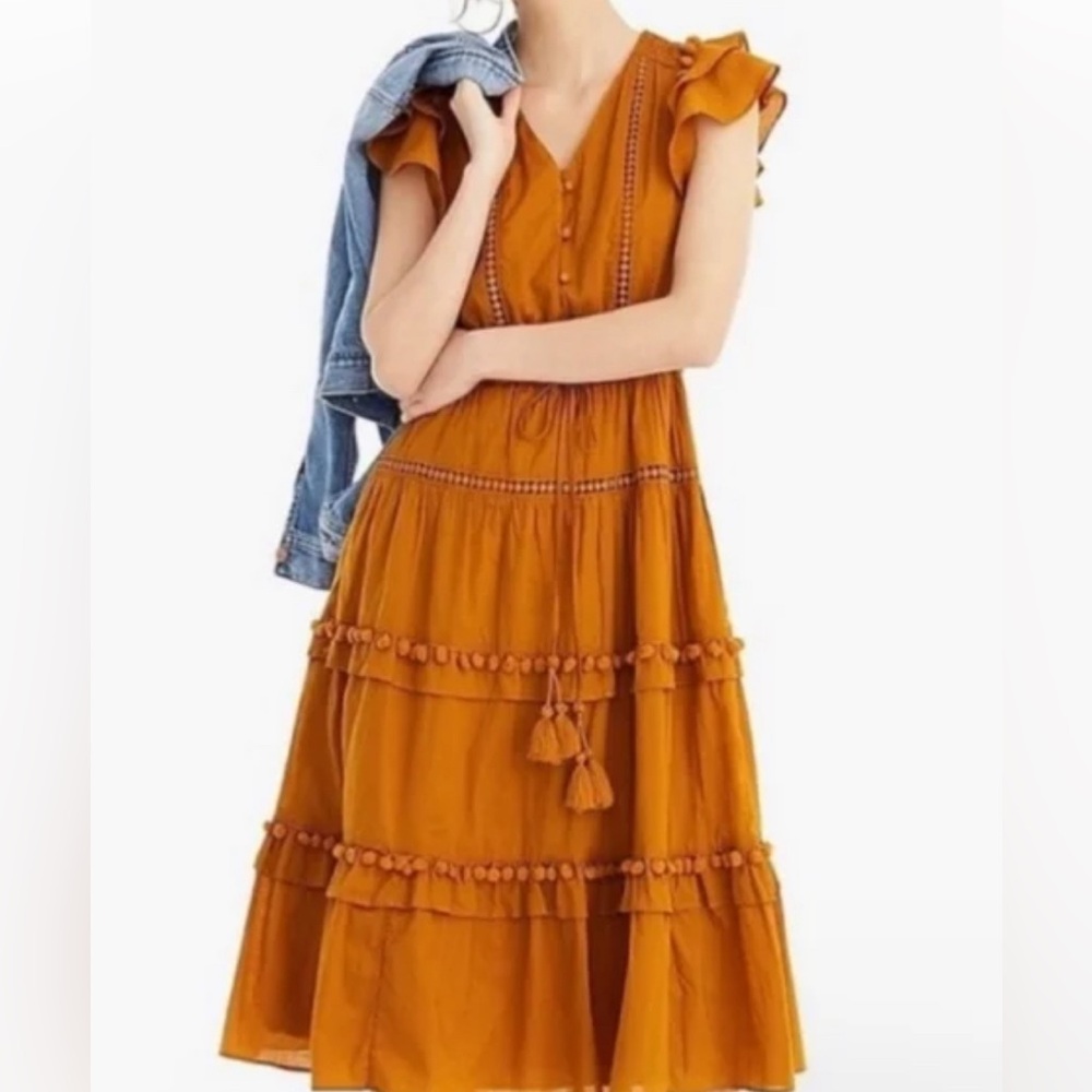 JCrew Point Sur Pom-Pom Flutter Sleeve Cotton Midi Dress in Caramel - EUC